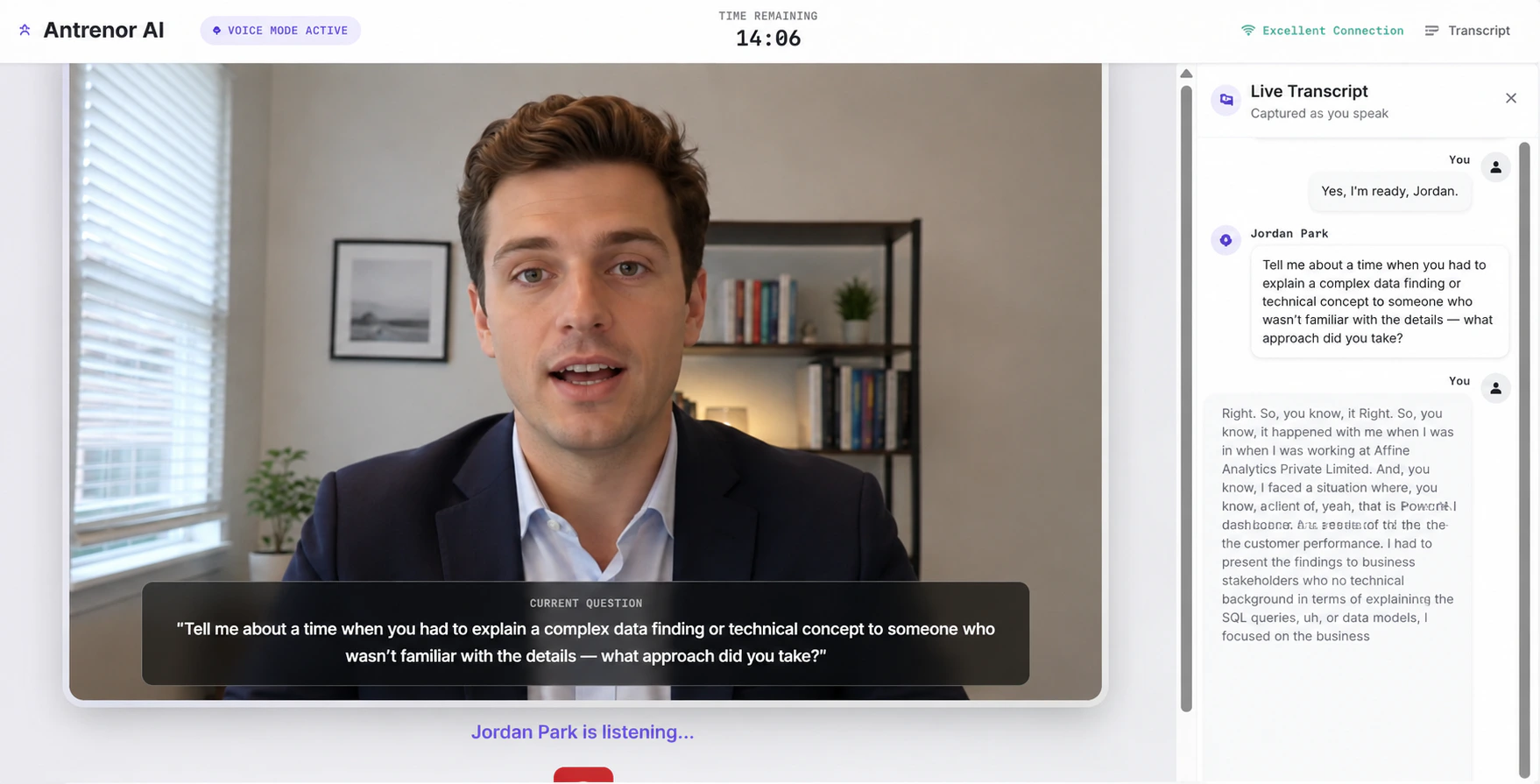 A live Real Simulation in voice mode: the student on camera with 14:06 left on the clock, Jordan Park's current question shown across the bottom of the video, and the live transcript panel on the right capturing the answer as it is spoken.
